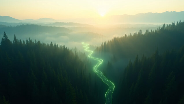 Golden sunrise foggy mountain valley, glowing neon green winding river amid pine woods