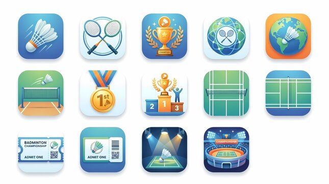Badminton icons set featuring shuttlecock rackets net trophy court ticket stadium and player symbols.