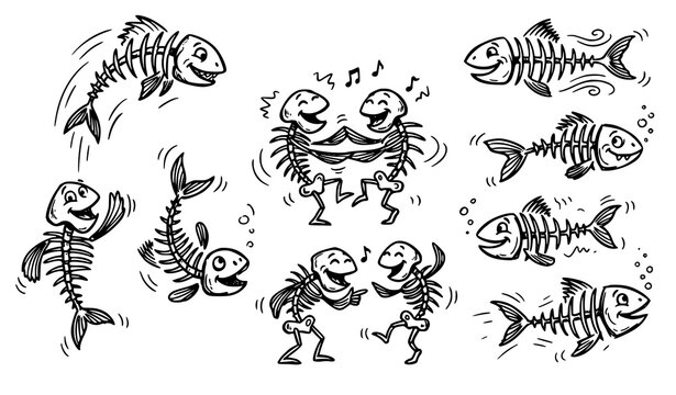 Funny Fish Bone Cartoon Drawings in Quirky Freehand Sketch Style Vector Collection