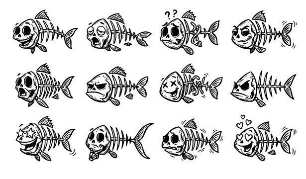 Quirky Hand Drawn Fish Bones Cartoon Collection with Funny Skeleton Doodle Characters Vector Set