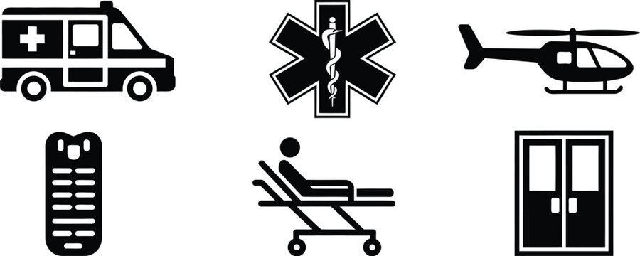 Emergency Medical Services icon set featuring ambulance star of life helicopter stretcher and hospital entrance symbols vector