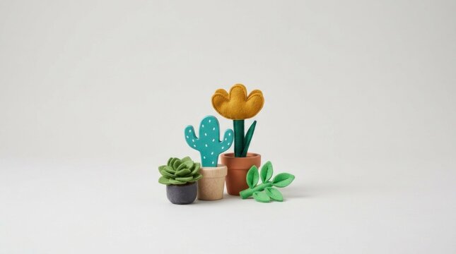 A collection of miniature felt succulents and cacti in various colors and styles, arranged on a white background with a soft focus.
