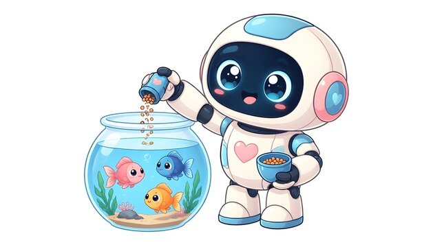 Cute friendly cartoon robot feeding colorful pet fish in a clear glass fishbowl, illustrating artificial intelligence engaging in a heartwarming animal care scene.