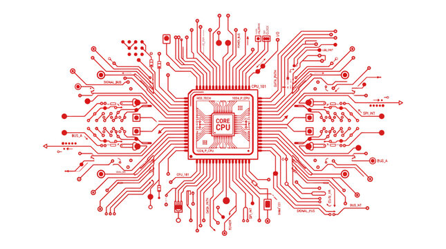 Microprocessor chip with complex red circuit board traces on white background.