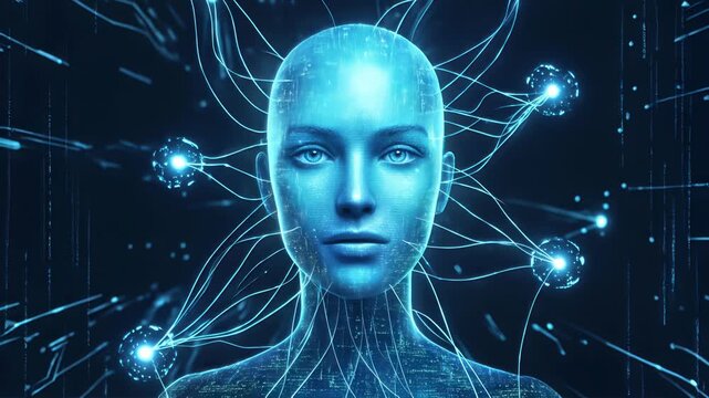 Artificial intelligence entity with glowing neural connections. Digital consciousness and machine learning concept. Lockdown shot.