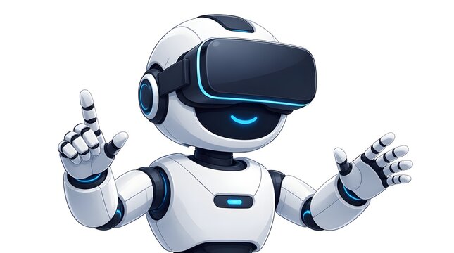 Futuristic robot wearing a VR headset, interacting with a digital world. Gesturing with glowing hands, symbolizing AI, future tech, and immersive experiences.