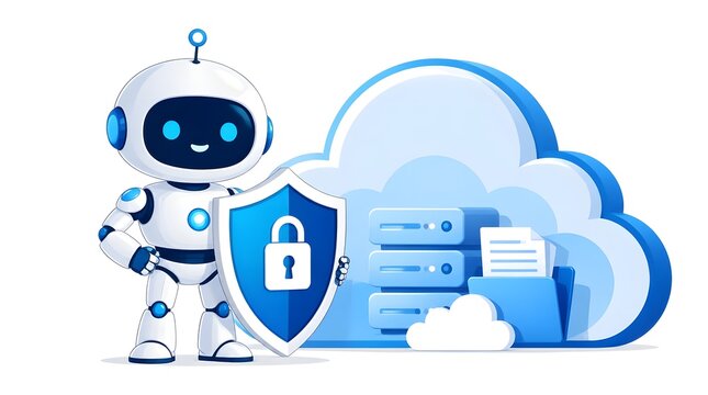 Robot holding security shield with padlock, symbolizing data protection and cybersecurity for cloud computing, servers, and digital documents.