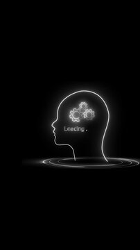 Neon head silhouette with gears loading animation. Neon head for mechanical thinking and AI. Neon head animation for industrial innovation concept.