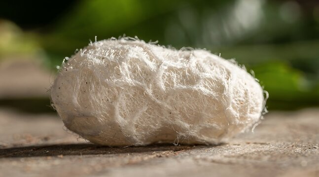 Close-up of a silkworm cocoon on a wooden surface with blurred green background.
