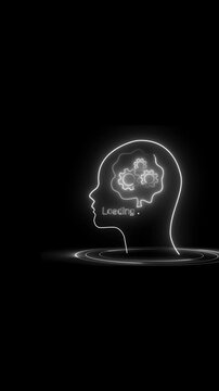 Glowing head silhouette with gears loading progress. Glowing head for brain power and technology. Glowing head animation for engineering mind.
