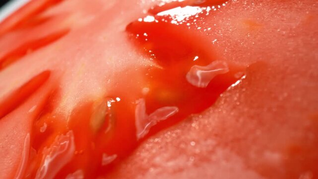 Close-up view of ripe tomato pulp with glossy seeds and rich red tones, highlighting freshness and moisture. Ideal for food photography, farm-to-table marketing, and healthy eating themes. 4k.
