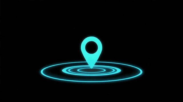 Location pin icon animated with glowing blue concentric circles on a black background for digital navigation maps video footage