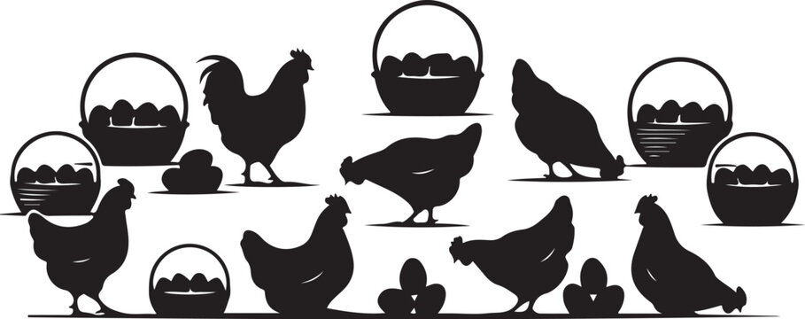 Black silhouettes of chickens and baskets of eggs on roosters