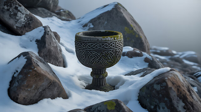 Intricately designed metal goblet on snowy rocks, rocky outdo ornate cup, winter scene