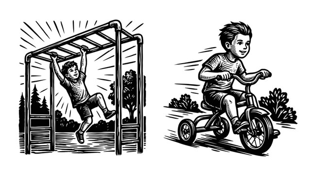 Boy on Monkey Bars and Boy on Tricycle, Childhood Fun