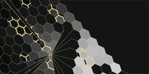 Modern geometric luxury black background for business or presentation or greeting card with golden honeycombs or hexagons. © elliyatun