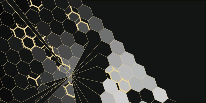 Modern geometric luxury black background for business or presentation or greeting card with golden honeycombs or hexagons.
