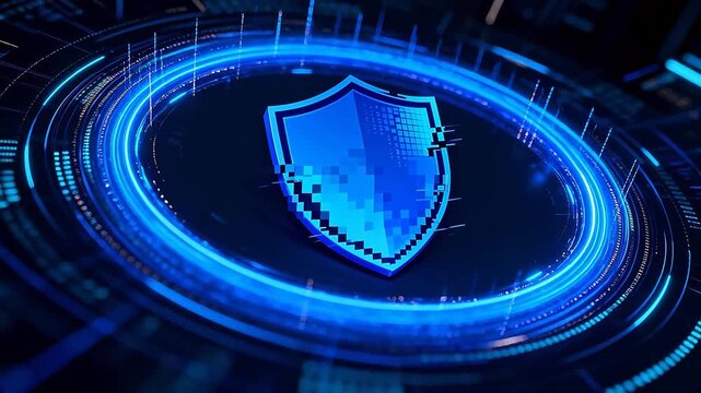 Digital pixel shield with blue circuit rings on dark cybersecurity background