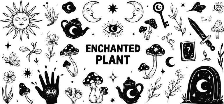 Black and white hand drawn mystical symbols and with text sun face