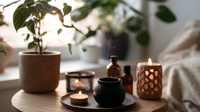 A soothing aromatherapy setup on a table bathed in early morning light creating a calming and serene ambiance for relaxation
