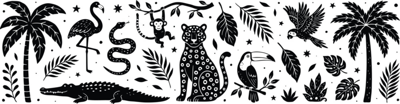 Black and white jungle animals and tropical leaves pattern