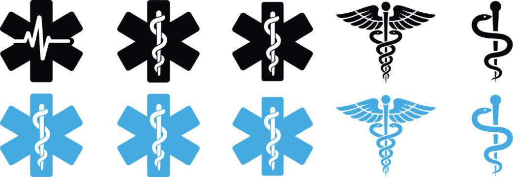 Medical Symbolism icon set featuring star of life and caduceus symbols in silhouette and vibrant color styles vector