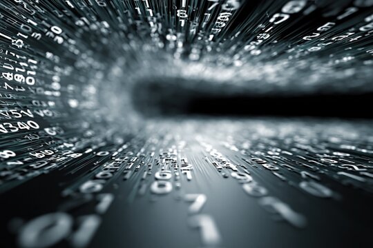 Abstract digital tunnel of flowing binary code data stream, representing technology and information flow