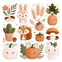 Fototapeta premium Adorable Autumn Characters and Seasonal Elements with Cute Fall Animals and Pumpkins