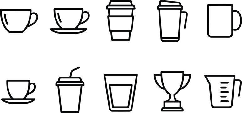 Set of black line icons of different cups and mugs