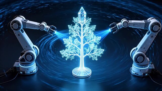 Glowing transparent tree with blue rings between two white robotic arms