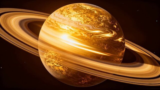 Golden ringed planet with detailed surface and warm lighting against black space
