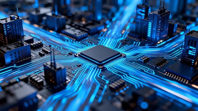 Large central microchip surrounded by blue glowing circuit lines and city buildings in background