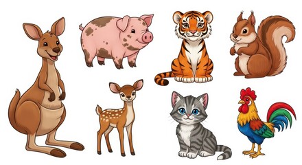 Fototapeta premium Cute Cartoon Animal Collection Set with Kangaroo, Pig, Tiger, Squirrel, Deer, Cat, and Rooster Isolated on White