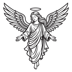 Fototapeta premium Elegant Guardian Angel Line Art Illustration - Divine Celestial Being with Large Wings and Halo, Black and White Vector Graphic for Religious Tattoos, Spiritual Decor, and Christian Art Projects