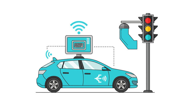Autonomous Smart Car with Wireless Sensors and Traffic Light Communication System Vector Illustration