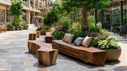 Fototapeta premium Modern outdoor landscaped courtyard with wooden seating and lush plants in an urban setting