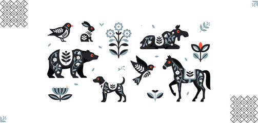Folk style animals and flowers on white background folk animals © MDSHAHIN