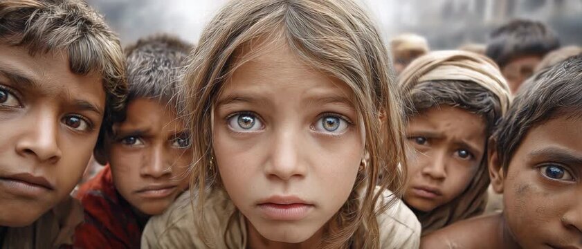 Poverty-stricken Children's Eyes: A poignant close-up captures the soulful gaze of children facing hardship, their eyes reflecting a world of struggle and resilience amidst poverty.