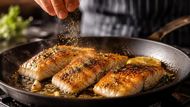 Seasoned fish fillets sizzle in a skillet as a chef carefully seasons them, creating a flavorful, golden crust during cooking.
