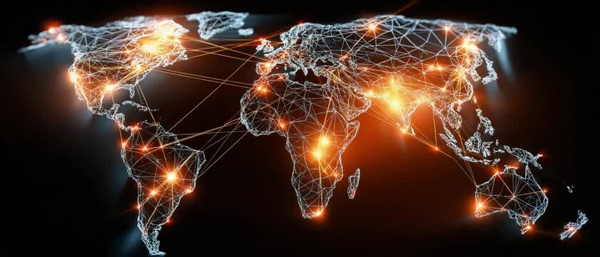 Global Network Connectivity: A luminous digital representation of the Earth, showcasing interconnected nodes and glowing hotspots that symbolize global communication networks and data flow.