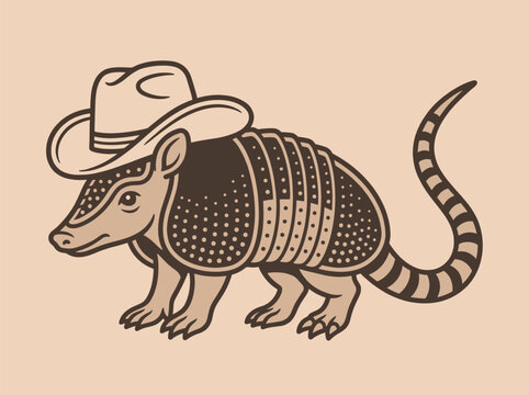 Vintage Armadillo Cowboy Illustration - Retro Texas Mascot Graphic with Western Hat - Hand-Drawn Style Wildlife Vector Art for Southern Branding, Apparel Design, and Rustic Country Themed Decor