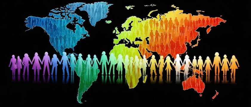 Global Unity in Vibrant Hues: A striking illustration depicts the continents of the world rendered in a rainbow of colors, with silhouetted figures holding hands in a united circle around the globe.