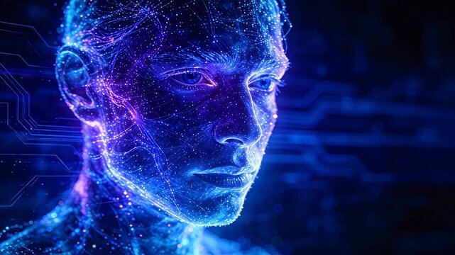Digital human face outline with blue neural network lines on dark background