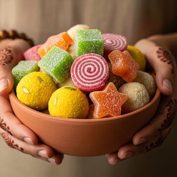 Hands holding ceramic bowl with colorful Easter egg shaped marzipan candies