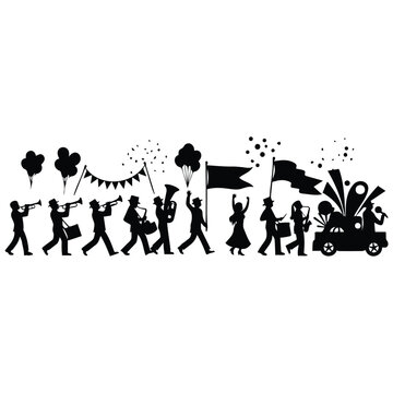 Festive carnival parade silhouette vector illustration with music band and colorful floats.