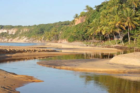 Espelho beach in Trancoso, Bahia in sunny day light, river mouth at Atlantic ocean. Beach sand, palm trees and vegetation, light reflections on water.
