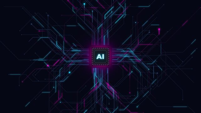 Artificial intelligence processor chip with glowing digital circuit board lines