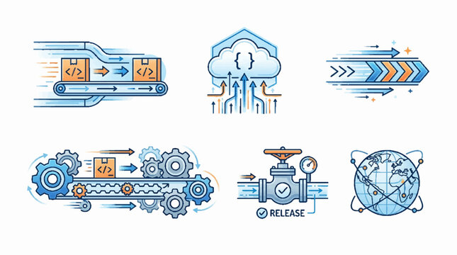 Software development lifecycle and devops automation icons set representing continuous integration and delivery pipeline.
