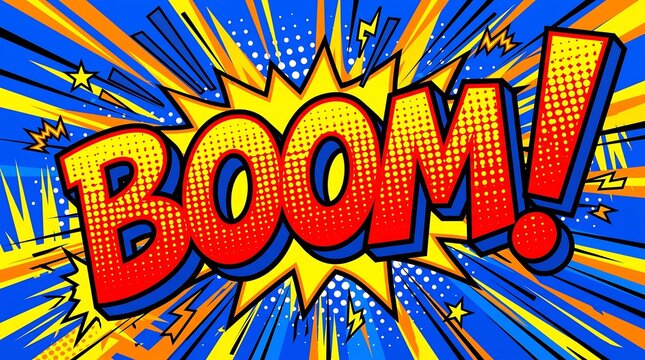 A classic, high-energy comic book explosion graphic featuring large, bold "BOOM!" text with intense red and yellow ray patterns, perfect for action-oriented designs