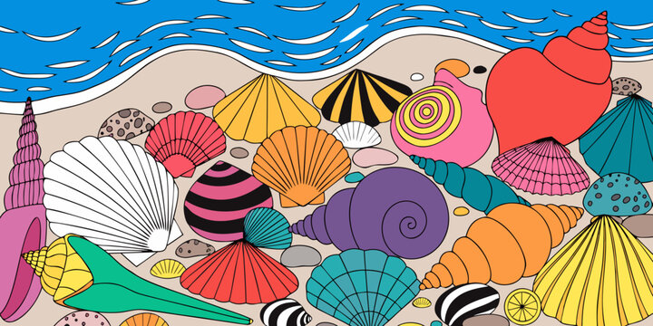 Assorted colorful seashells and conches on a sandy beach with blue ocean waves seashell colorful seashells